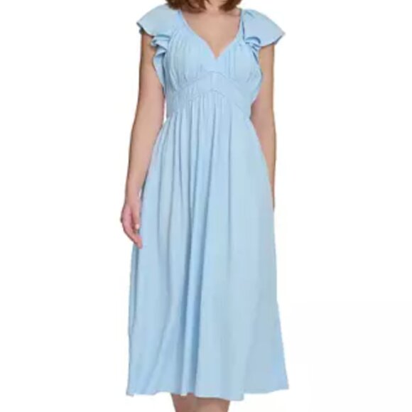 Calvin Klein Women's Short Sleeve V-Neck Solid Fit and Flare Dress - Picture 1 of 4